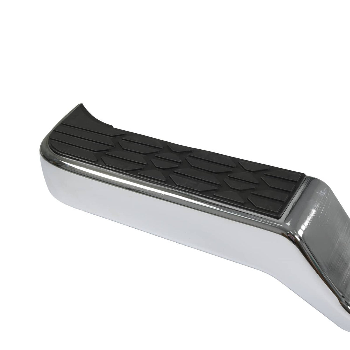 Close-up of chrome rear step bumper face bar with textured black grip insert