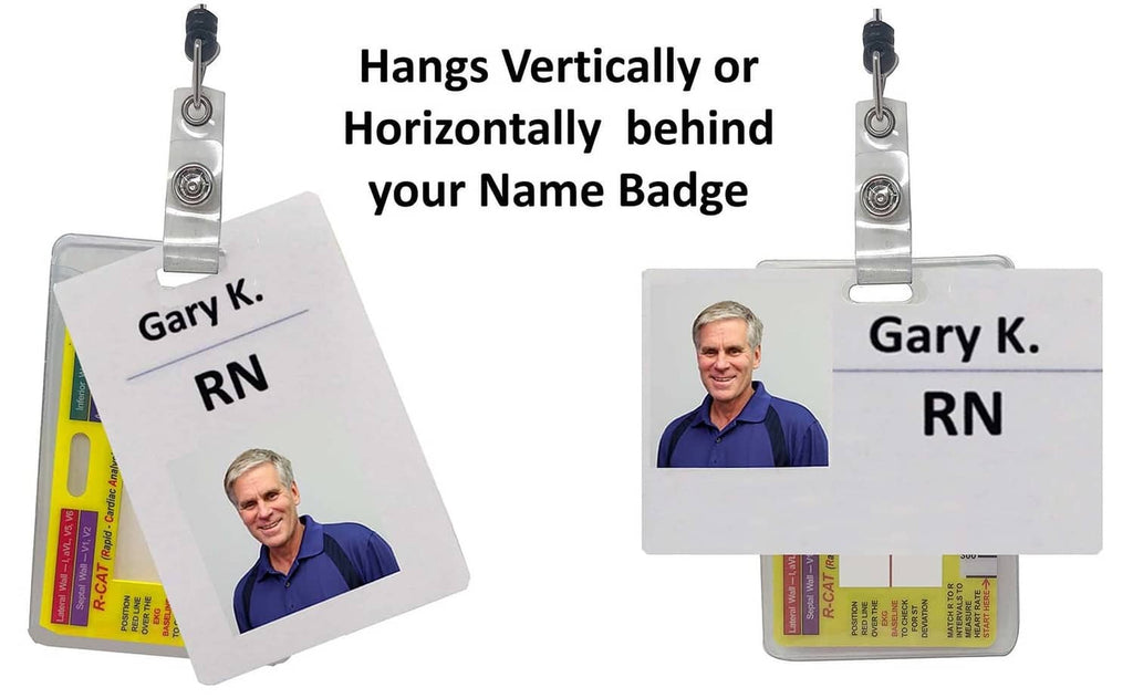 EKG analysis badge in a clear name badge holder with RN ID card display