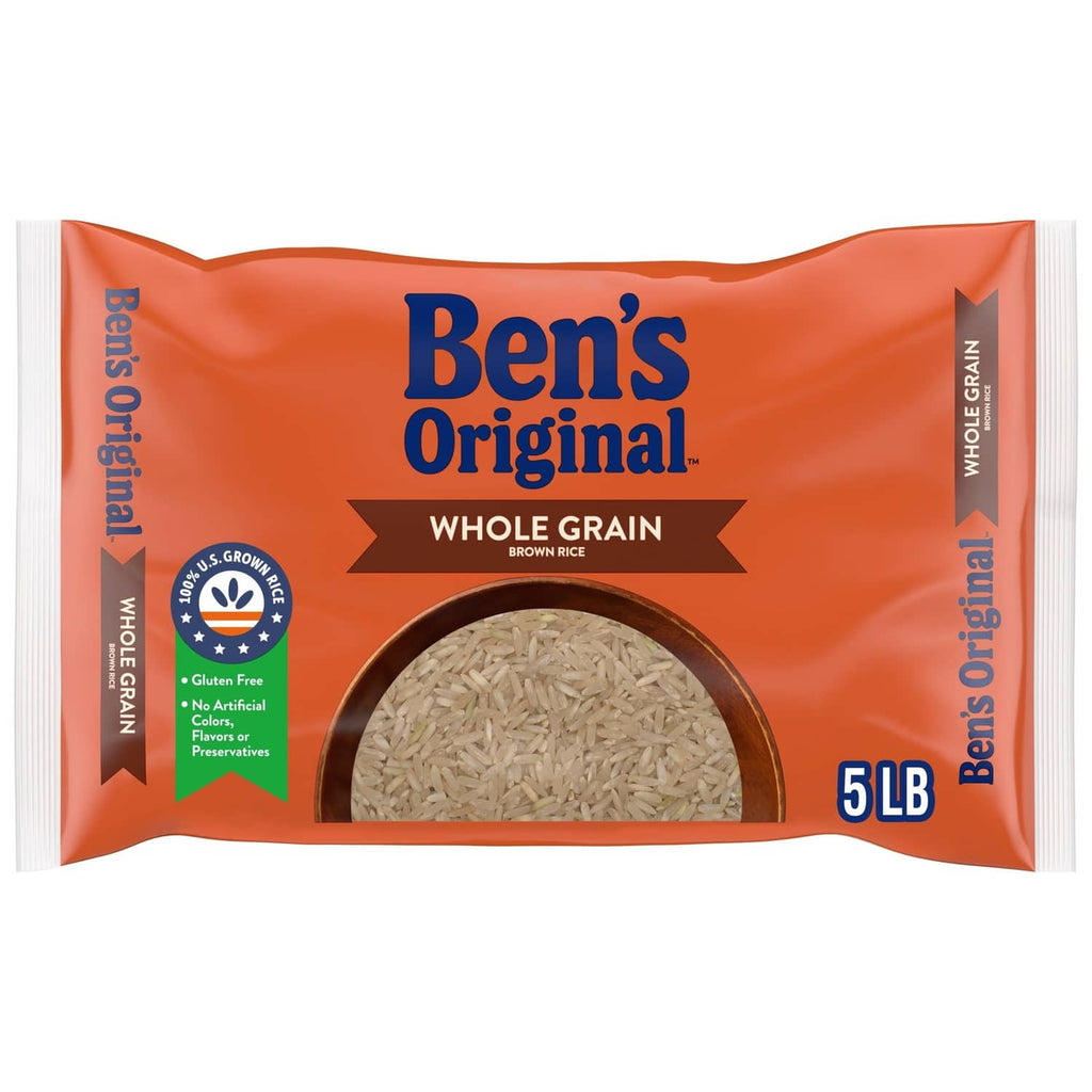 Ben's Original whole grain brown rice 5 lb bag, front with visible rice filling window