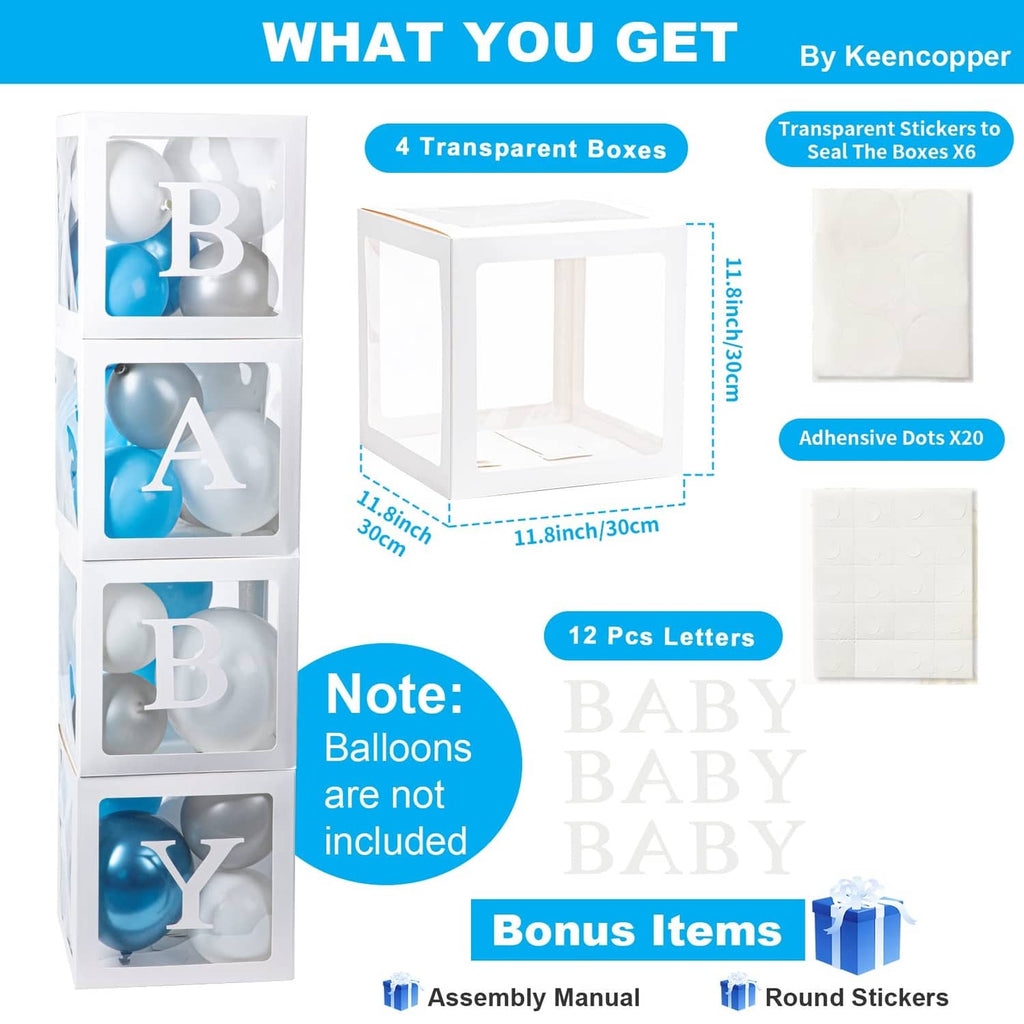 4-cube clear balloon box set in white with letter-window inserts for BABY