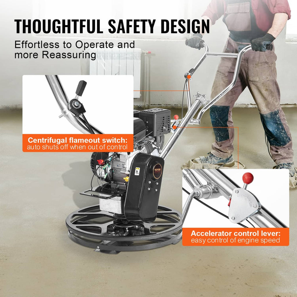Walk-behind power trowel with safety controls, operator handle, and circular float pan