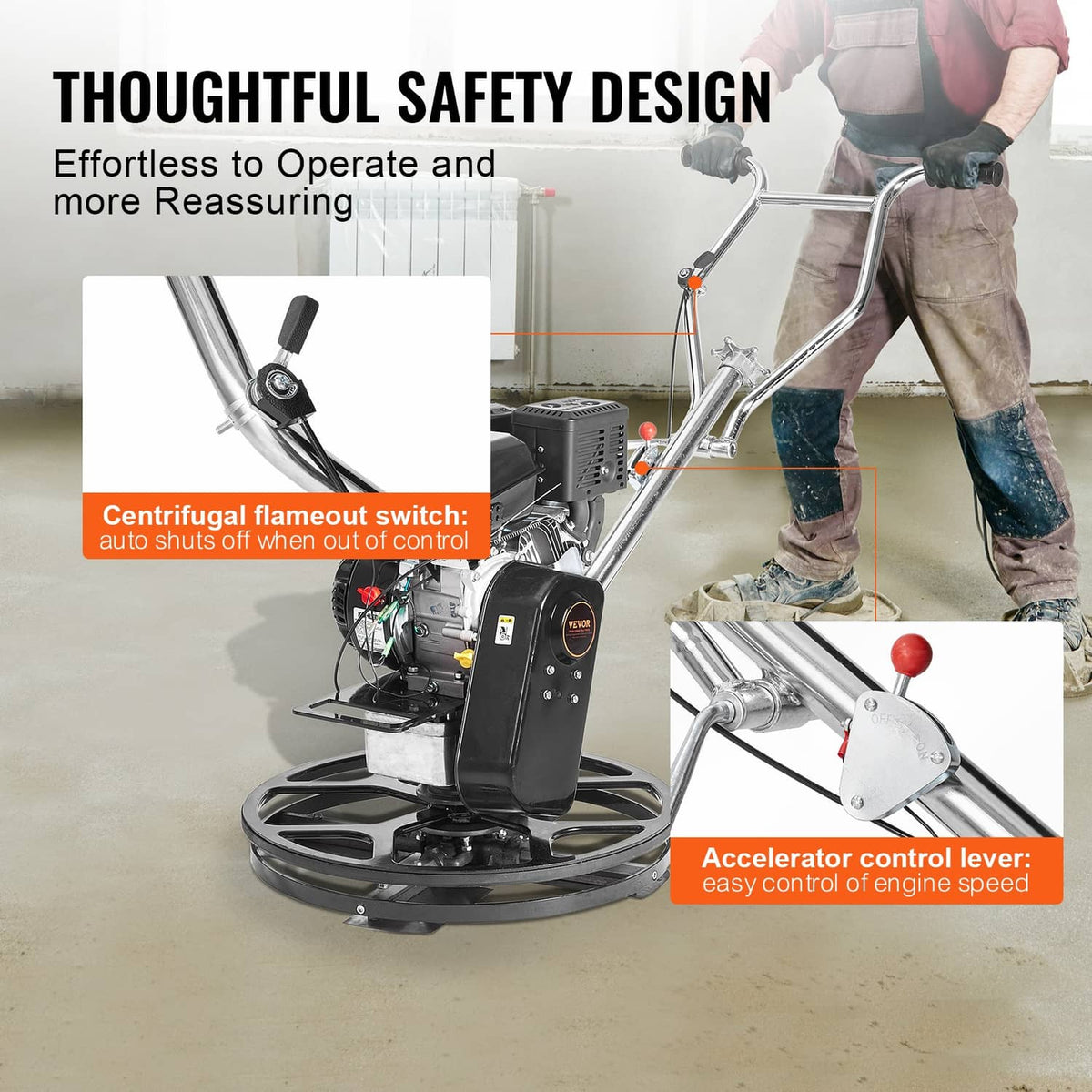 Walk-behind power trowel with safety controls, operator handle, and circular float pan