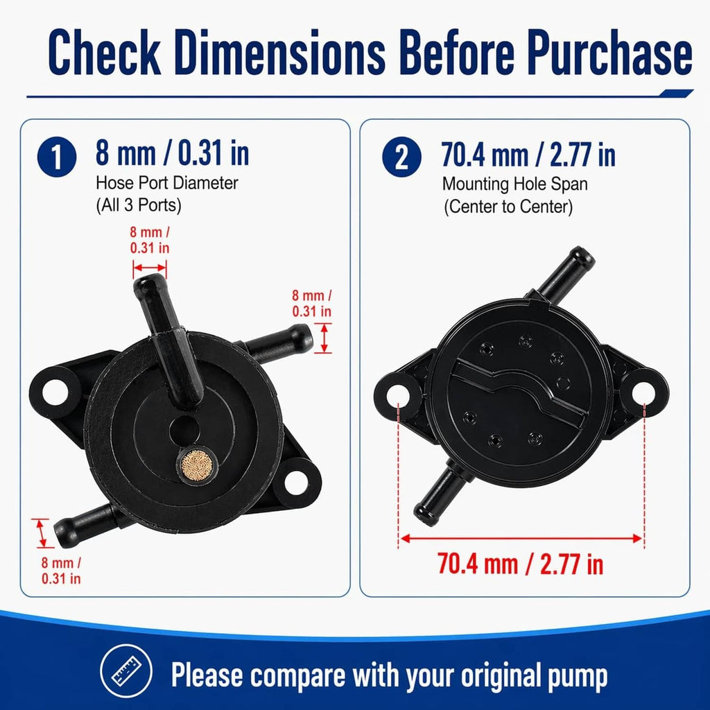 Fuel pump diaphragm with three-port layout, black body, and mounting holes