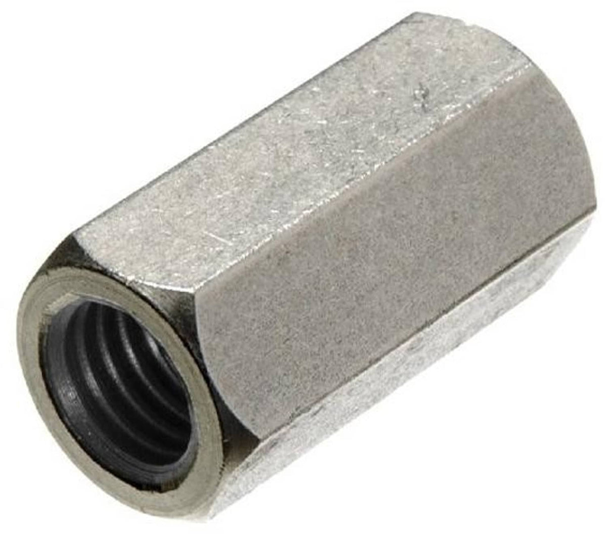 Stainless steel coupling nut with internal threads, machined metal finish, angled view.