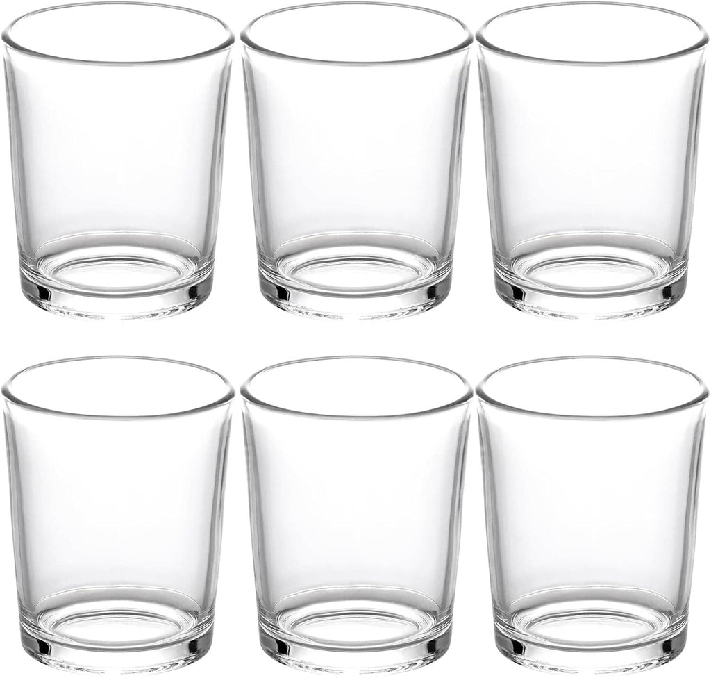 Set of 6 clear glass tea light votive holders, empty with round candle wells
