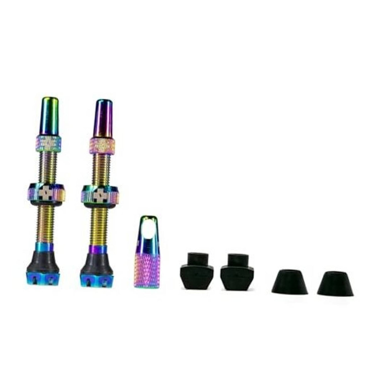 Iridescent Presta tubeless valves with black rubber bases and matching caps