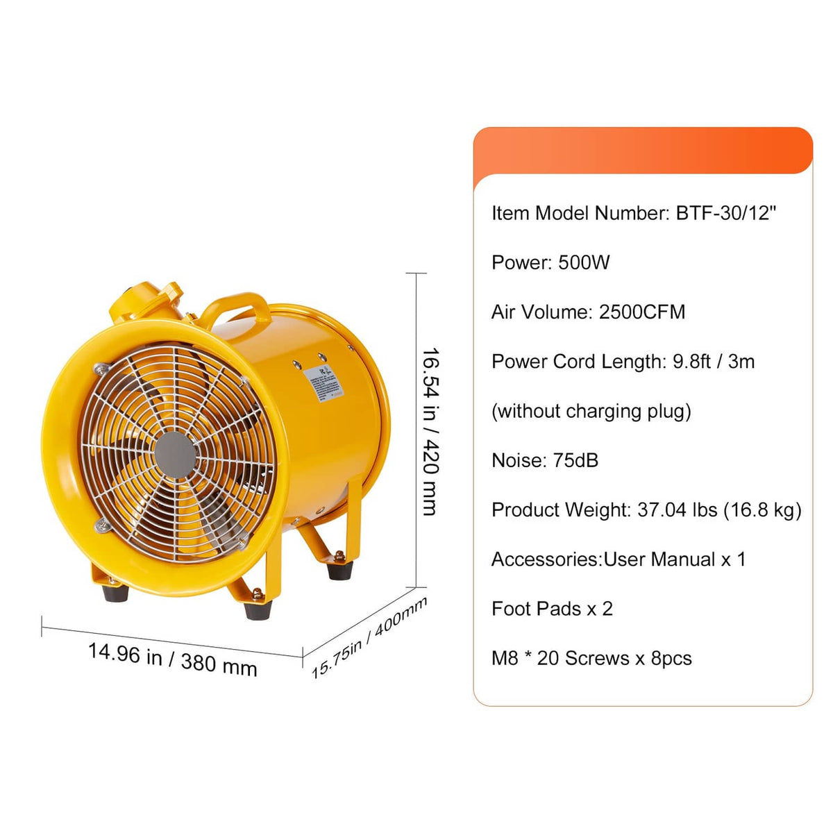 Yellow portable extractor fan blower with front grille and side-mounted fittings