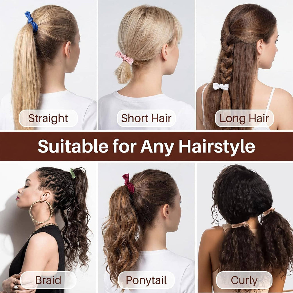 Knotted ribbon elastic hair ties worn in straight and ponytail hairstyles