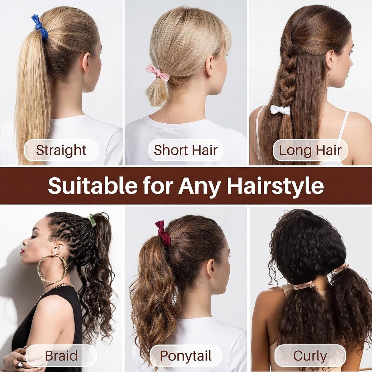 Knotted ribbon elastic hair ties worn in straight and ponytail hairstyles