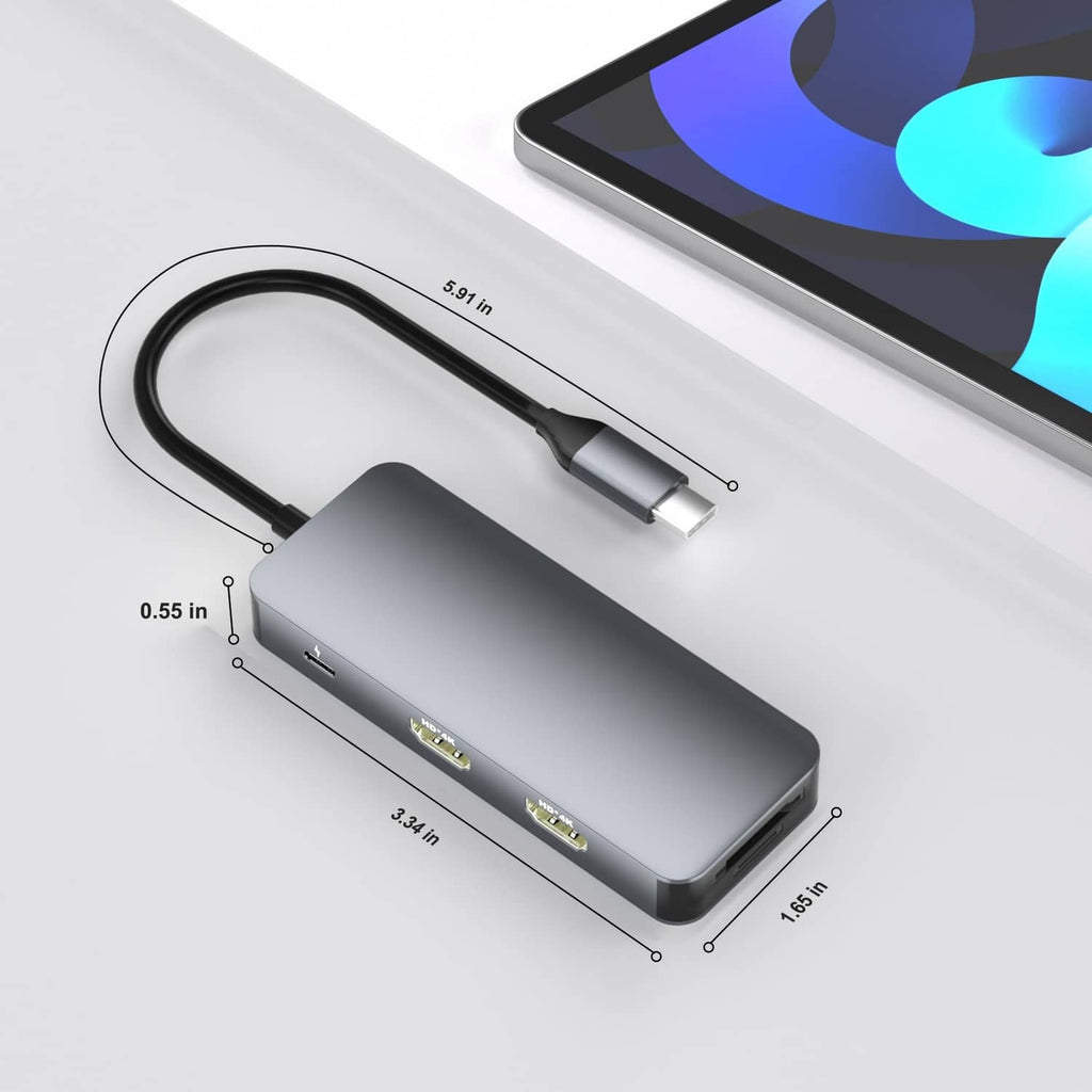 Compact gray USB-C dual HDMI docking station with Type-C cable and front port layout