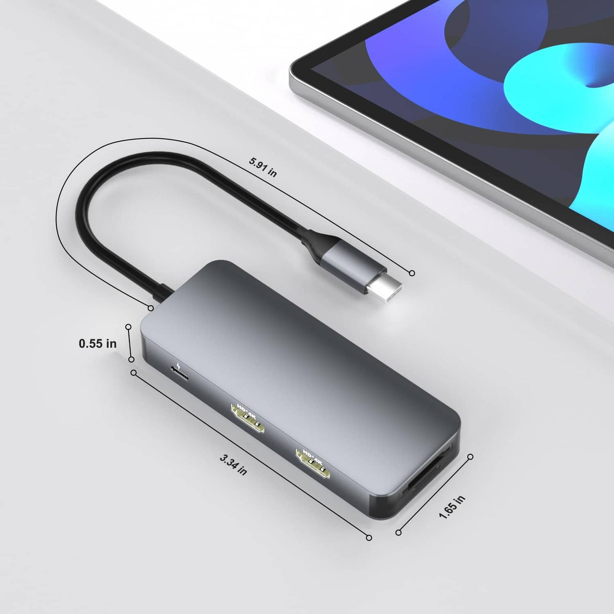 Compact gray USB-C dual HDMI docking station with Type-C cable and front port layout