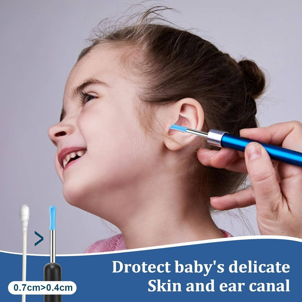 Blue ear camera tip at a child’s ear with a blue-and-silver handle