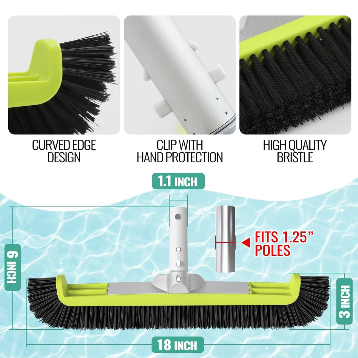 18-inch pool brush head with black bristles; fits 1.25-inch poles, green frame.