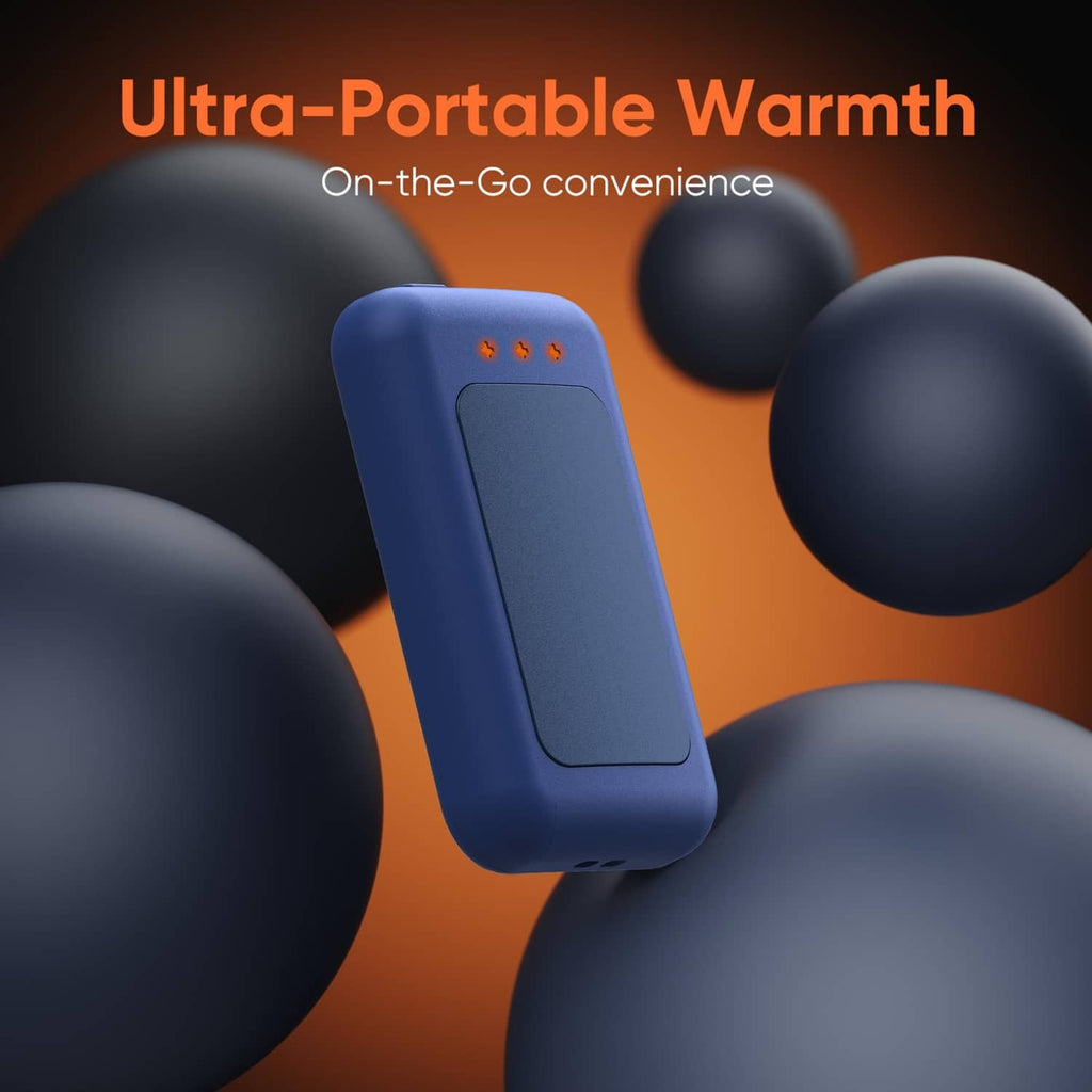 Ultra-portable rechargeable hand warmer, navy blue, compact rectangular body with control dots.