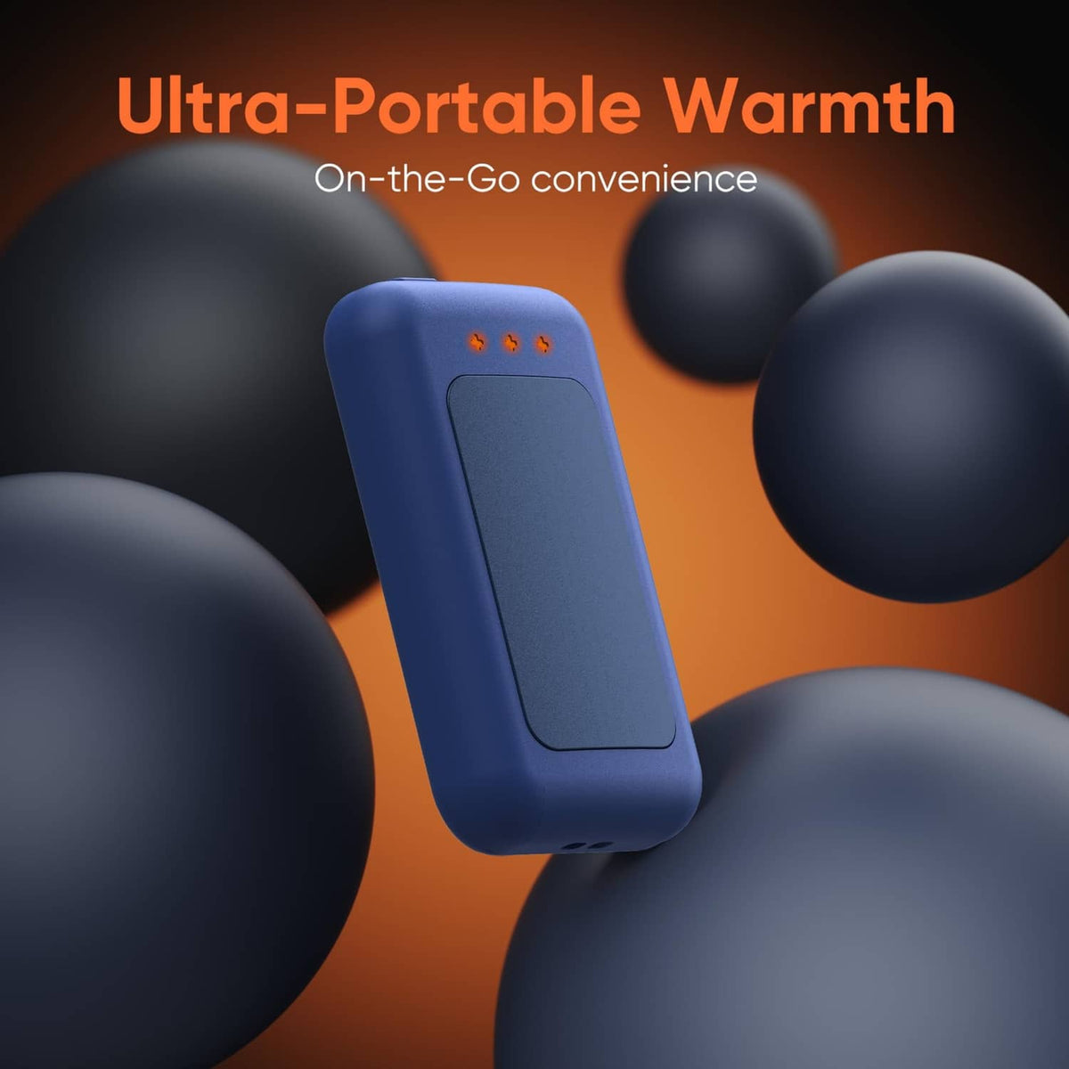 Ultra-portable rechargeable hand warmer, navy blue, compact rectangular body with control dots.