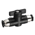 Pneumatic ball valve with push-to-tube barbs, black body and metal end fittings