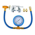 Refrigerant charging hose kit with blue hose, brass fittings, and pressure gauge