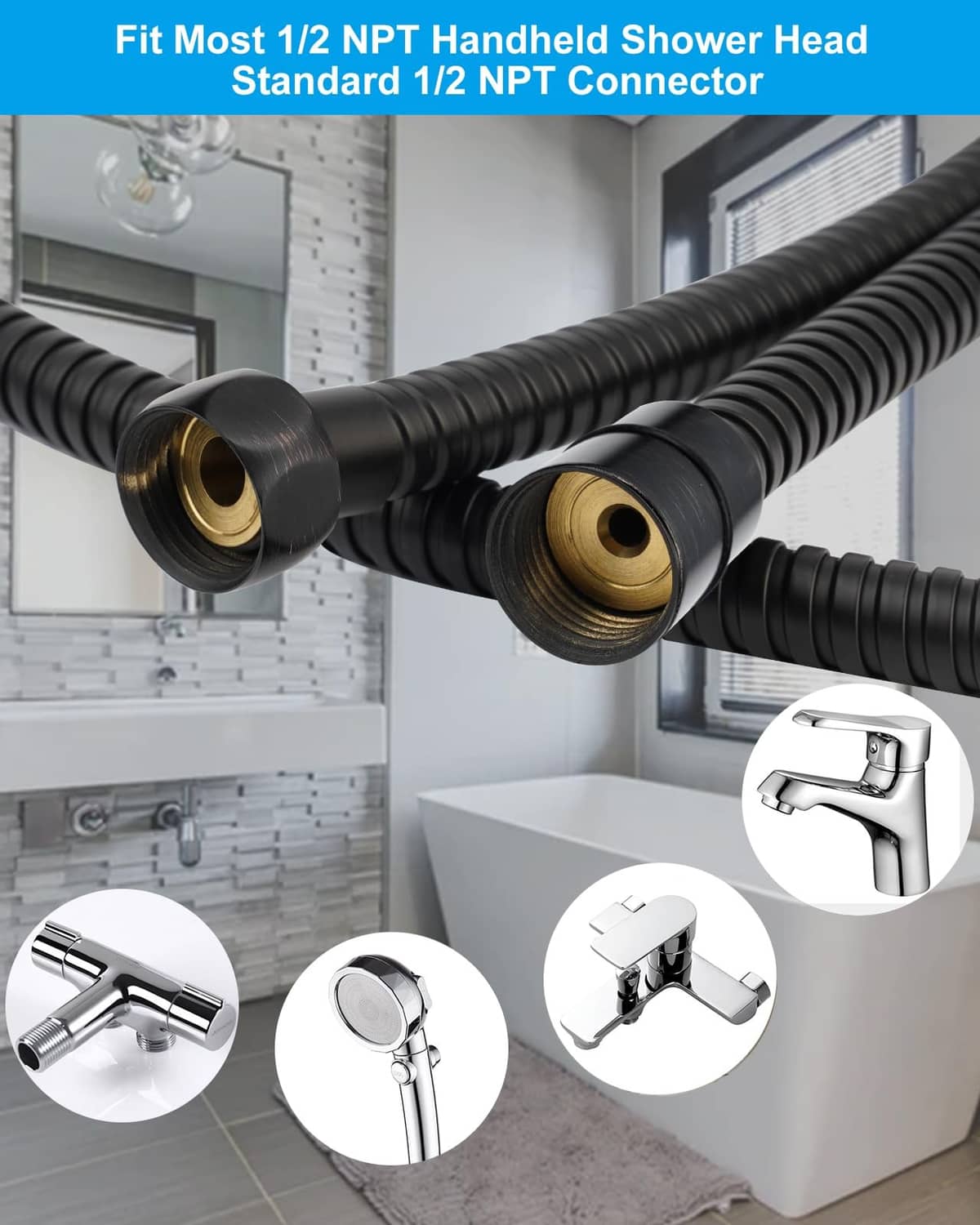 Black shower hose with bronze/gold connector fittings attached to a handheld shower head