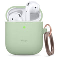 Mint green silicone AirPods case with open lid and bronze carabiner clip