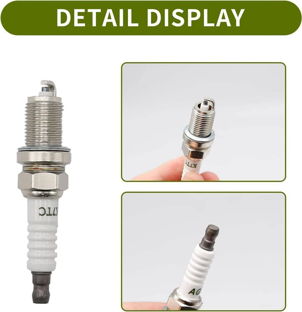 Two spark plugs with metal threads and white insulators, with black ignition wire.