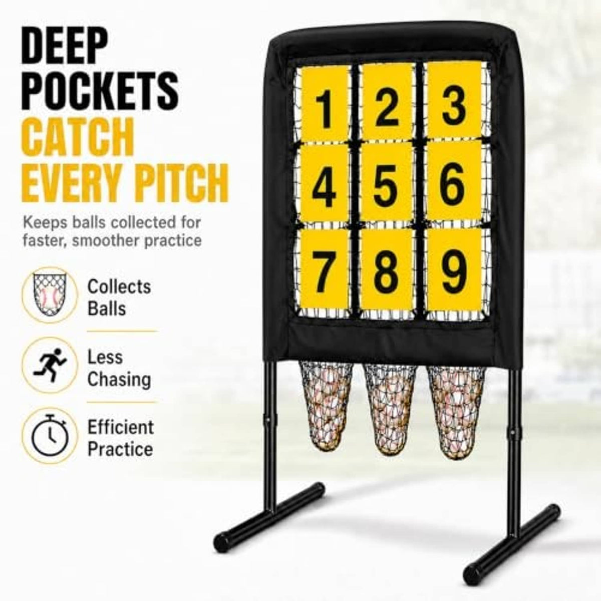 Portable baseball pitching net with yellow 1–9 style target grid and net pockets