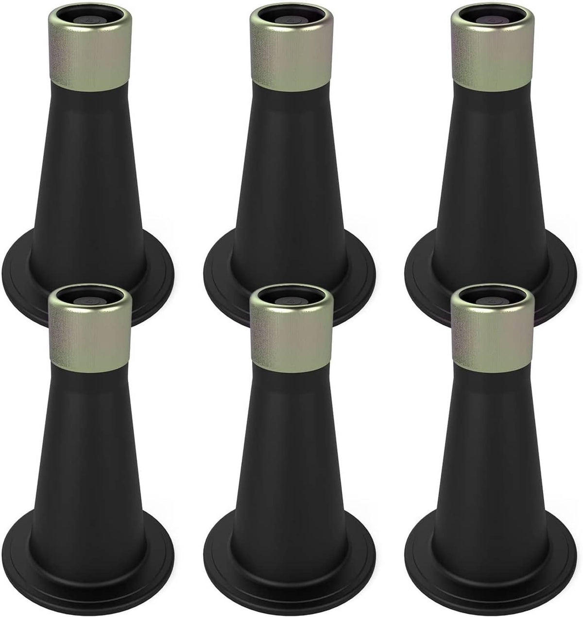 Three black bed frame feet with light metal collars and non-slip round bases