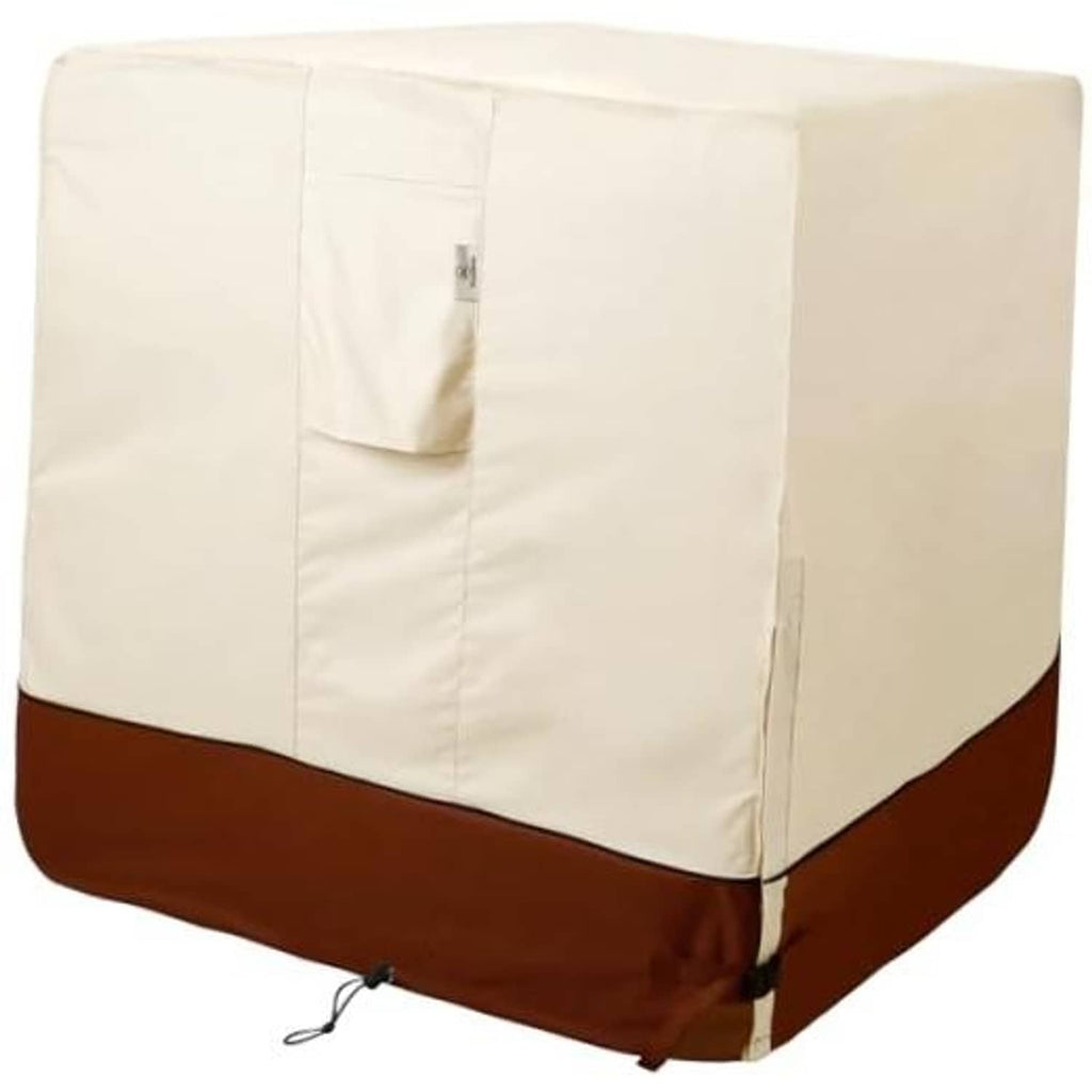 Outdoor AC unit cover with cream top and dark brown base, zippered side panel
