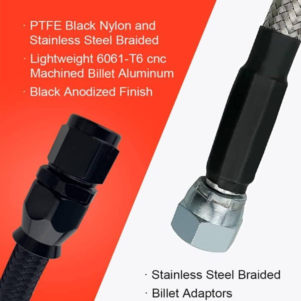 Black braided PTFE hose with black connector fittings and stainless steel braided cover