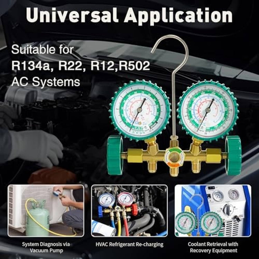 Universal AC manifold gauge set with two gauges for R134a, R22, R12, R502