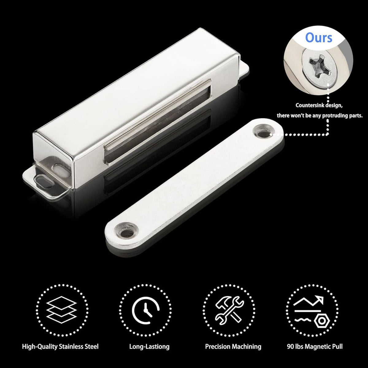 Stainless steel magnetic door catch set with countersunk screws and mounting holes