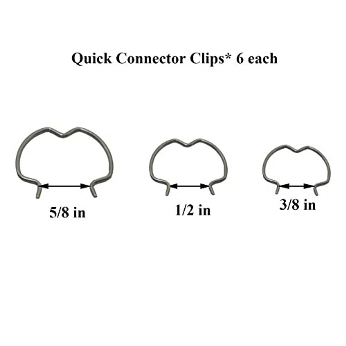 Three dark gray metal quick connector clips with size indicators (5/8, 1/2, 3/8 in)