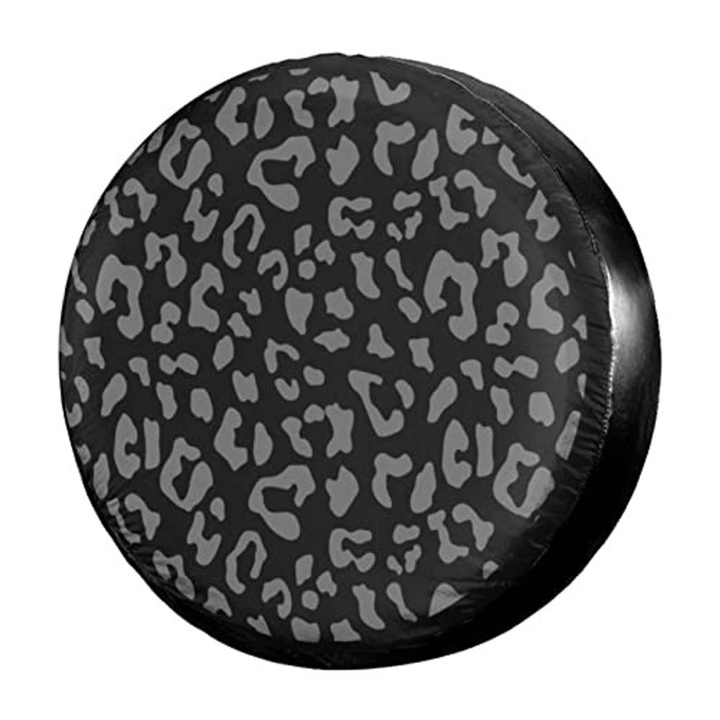 Spare tire cover, black with gray leopard-print spots, stitched rim detail