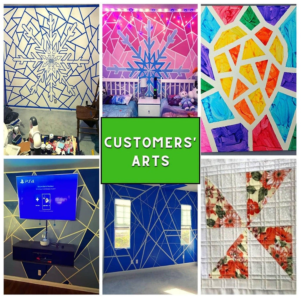 Green pinstripe tape used to create geometric mural patterns on interior walls