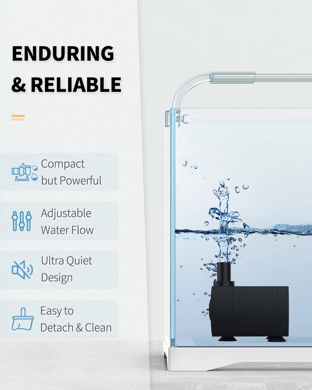 Submersible water pump partially submerged in aquarium water with outlet pipe