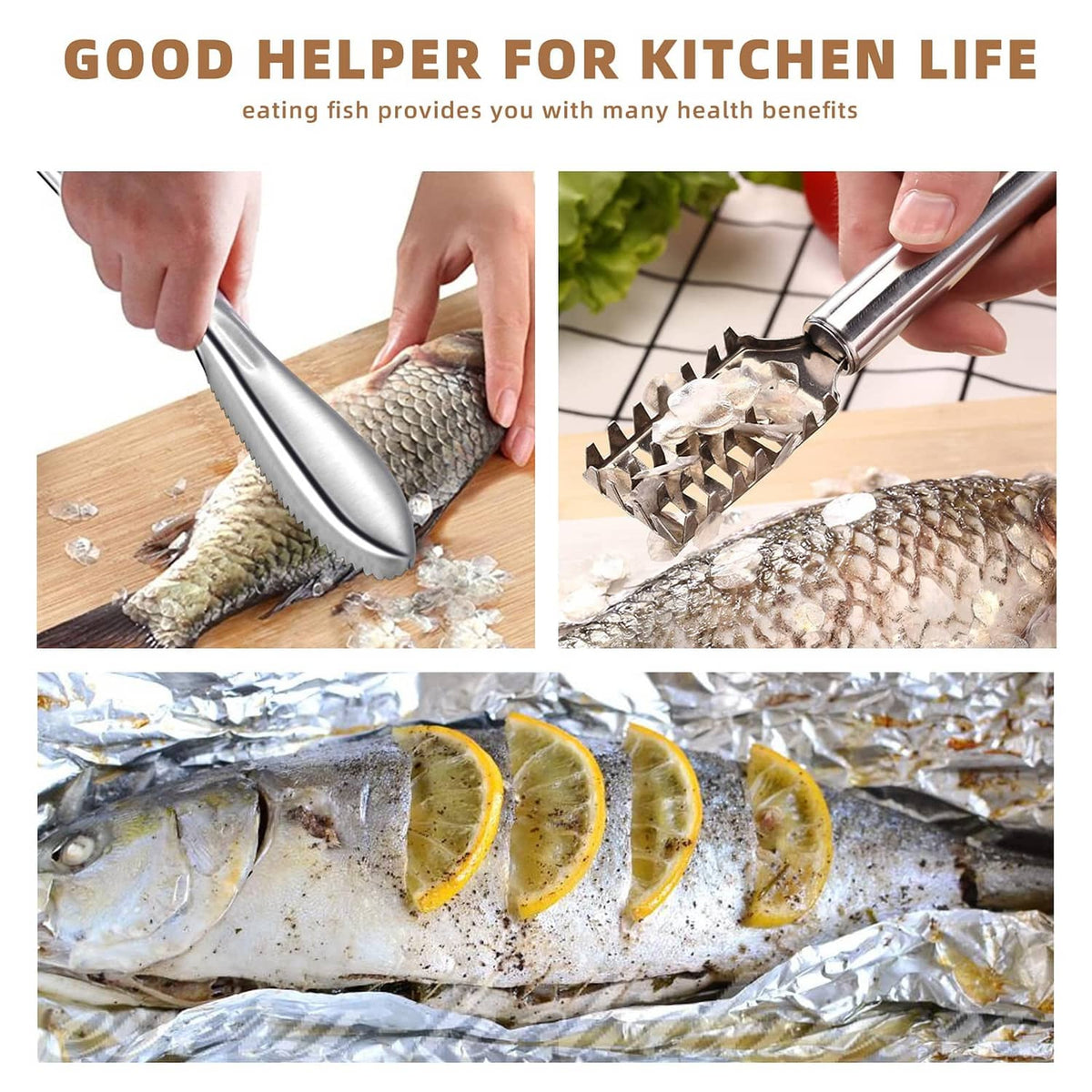 Stainless steel fish scaler for cleaning fish with curved toothed scraping head