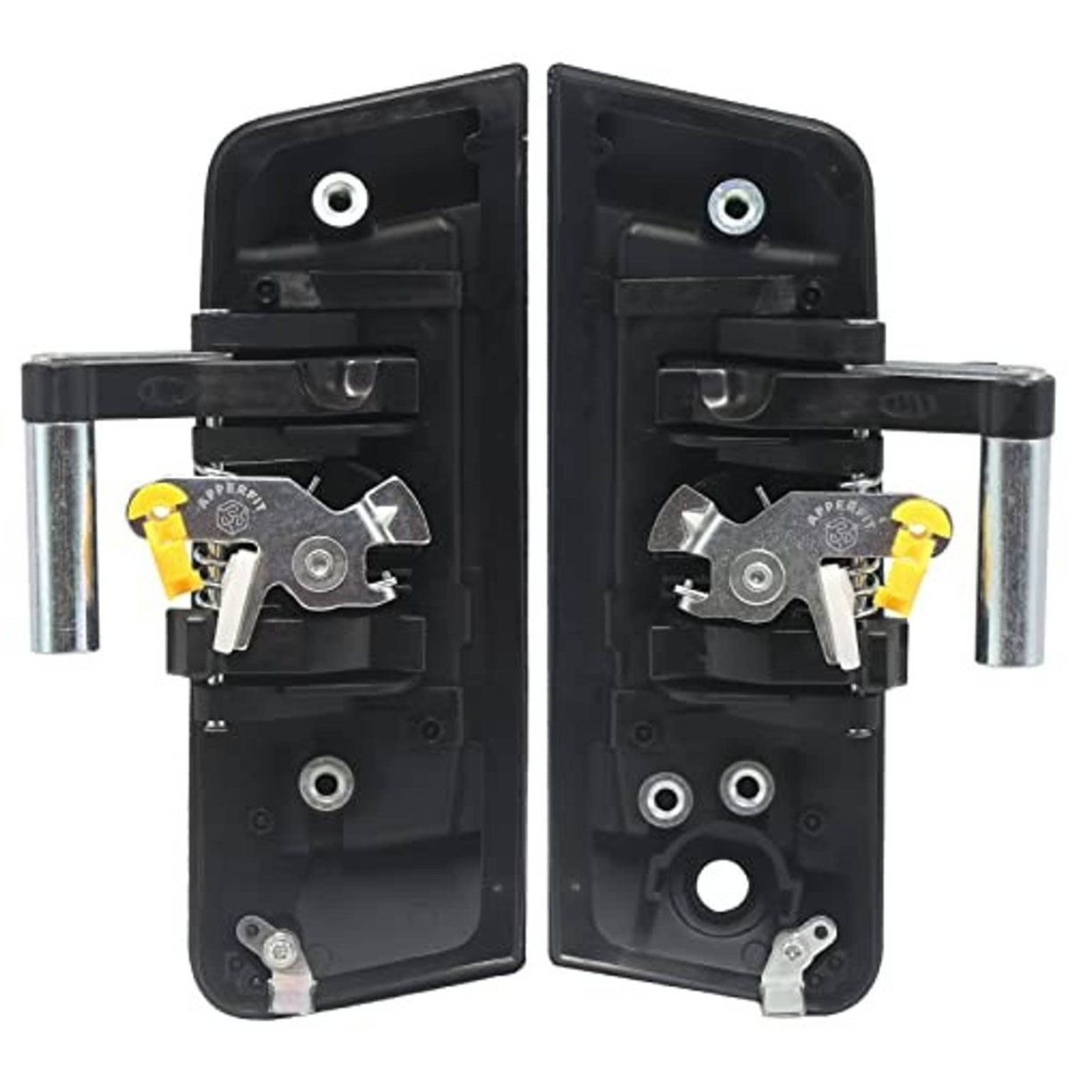 Exterior door handle inner housings with metal rods, clips, and yellow release tabs
