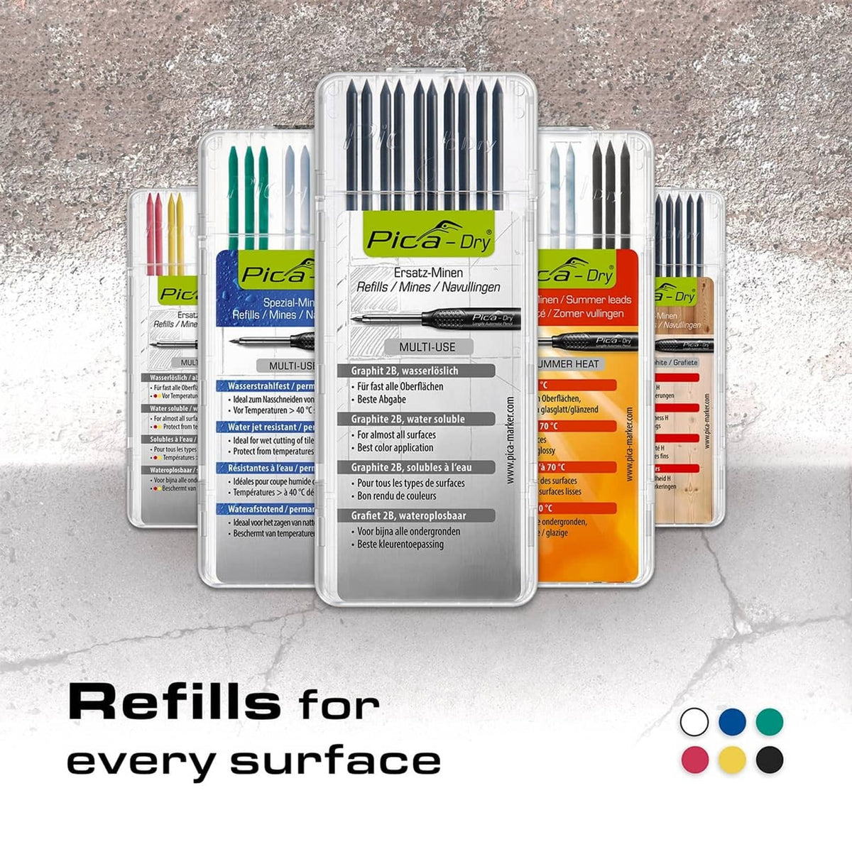 Pica-Dry refill set with assorted tip colors in a metal case