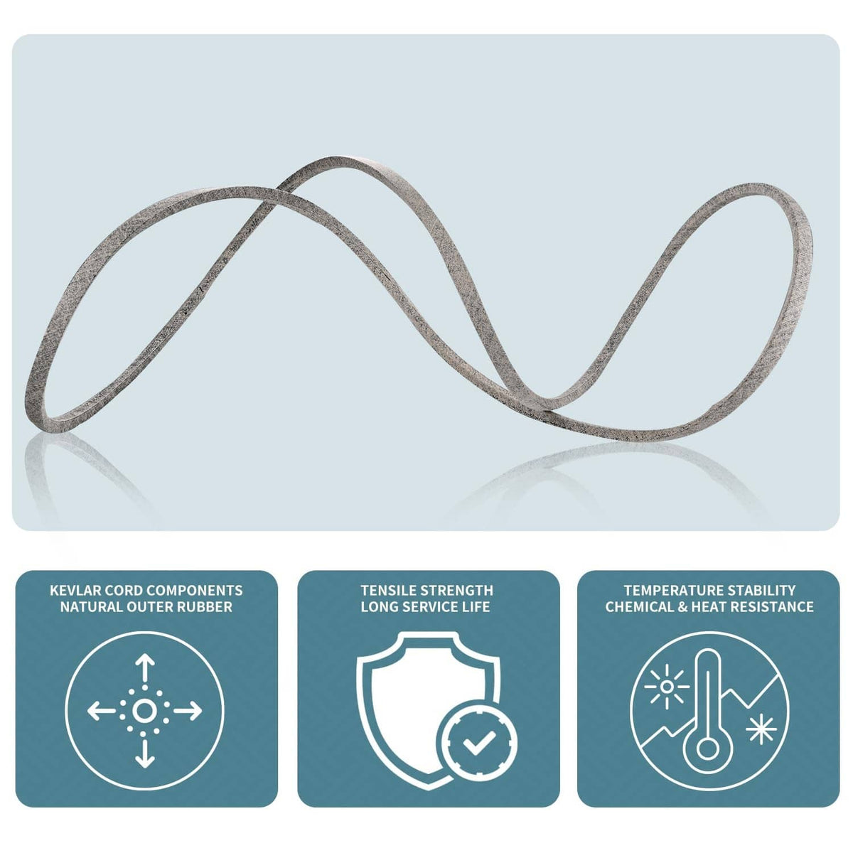 Mower deck belt with durability icons for natural rubber components and tensile strength.