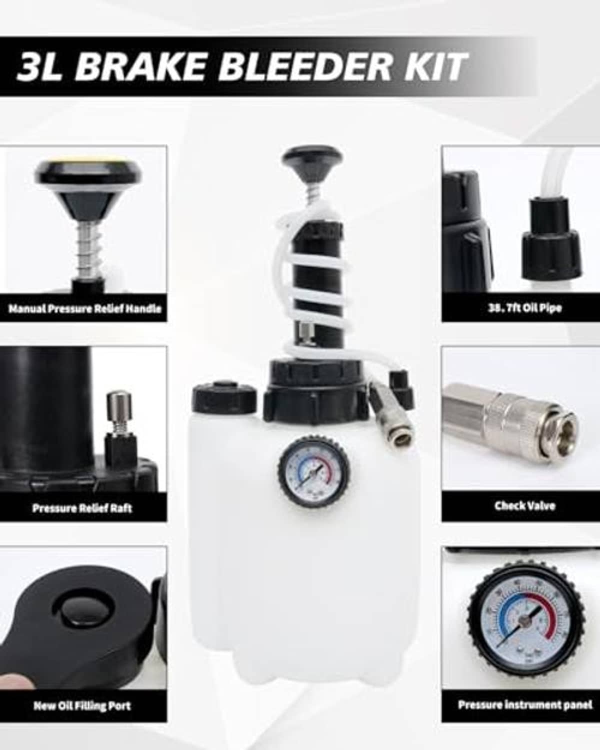 3L brake bleeder kit with manual pressure relief handle, gauge, check valve, and fittings