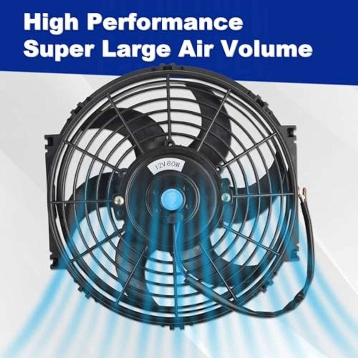 Black 10-inch electric cooling fan with blue airflow effect on front grille