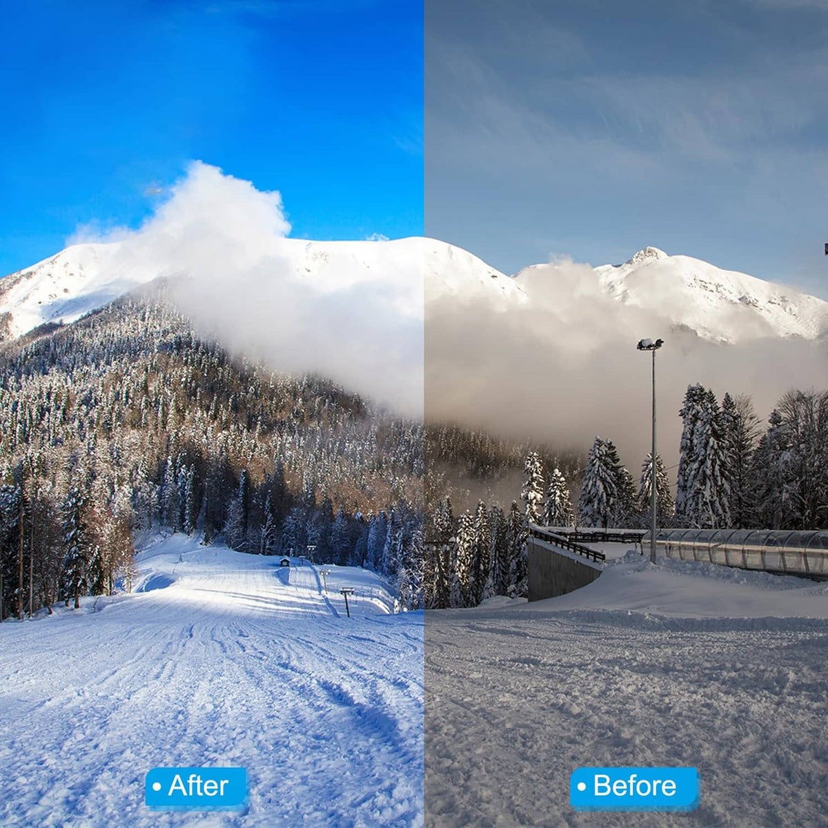 Before-and-after landscape comparison showing polarizer filter effect