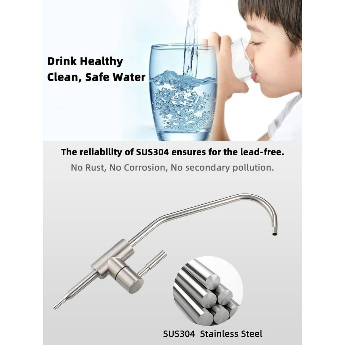 SUS304 stainless water filter faucet with gooseneck spout and side control