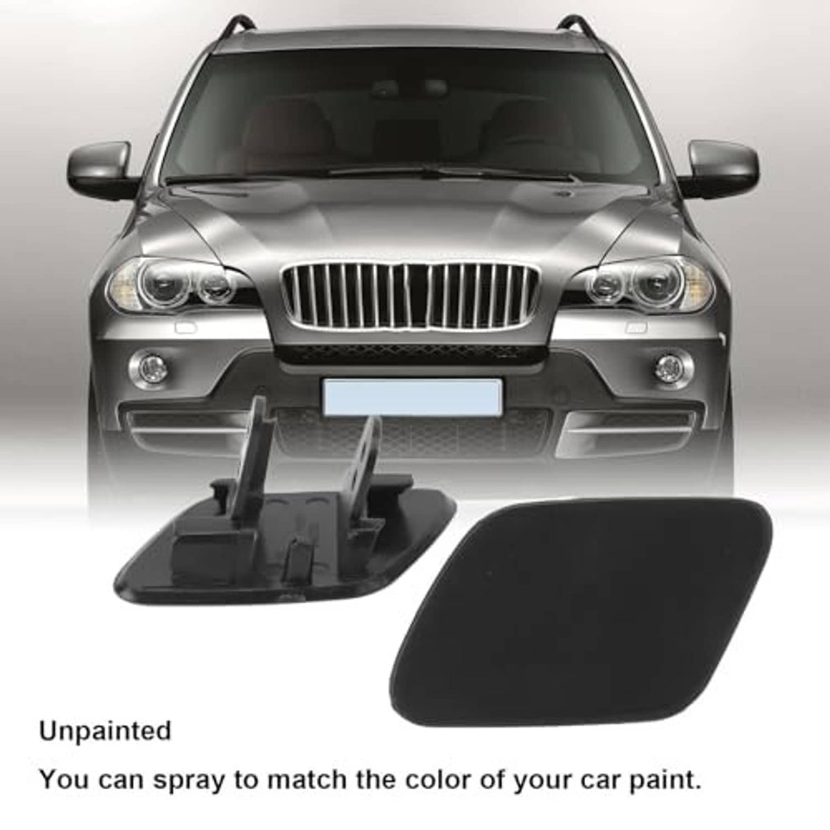 Unpainted dark gray headlight washer cover caps with mounting openings, pair
