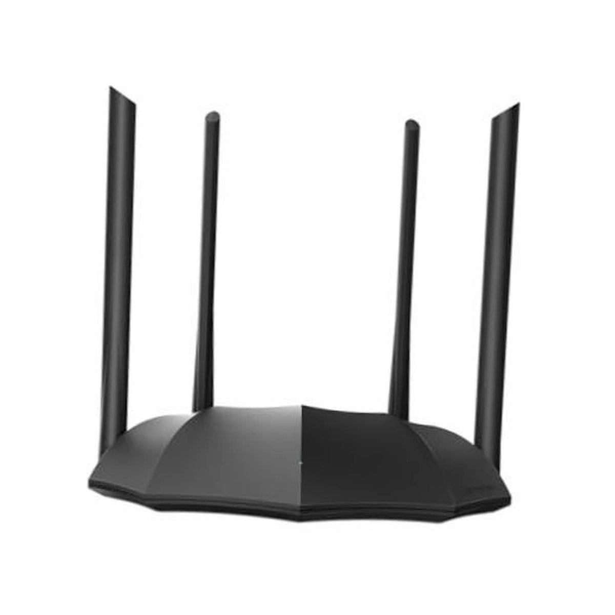 Black dual-band Wi-Fi router with four antennas and glossy top panel
