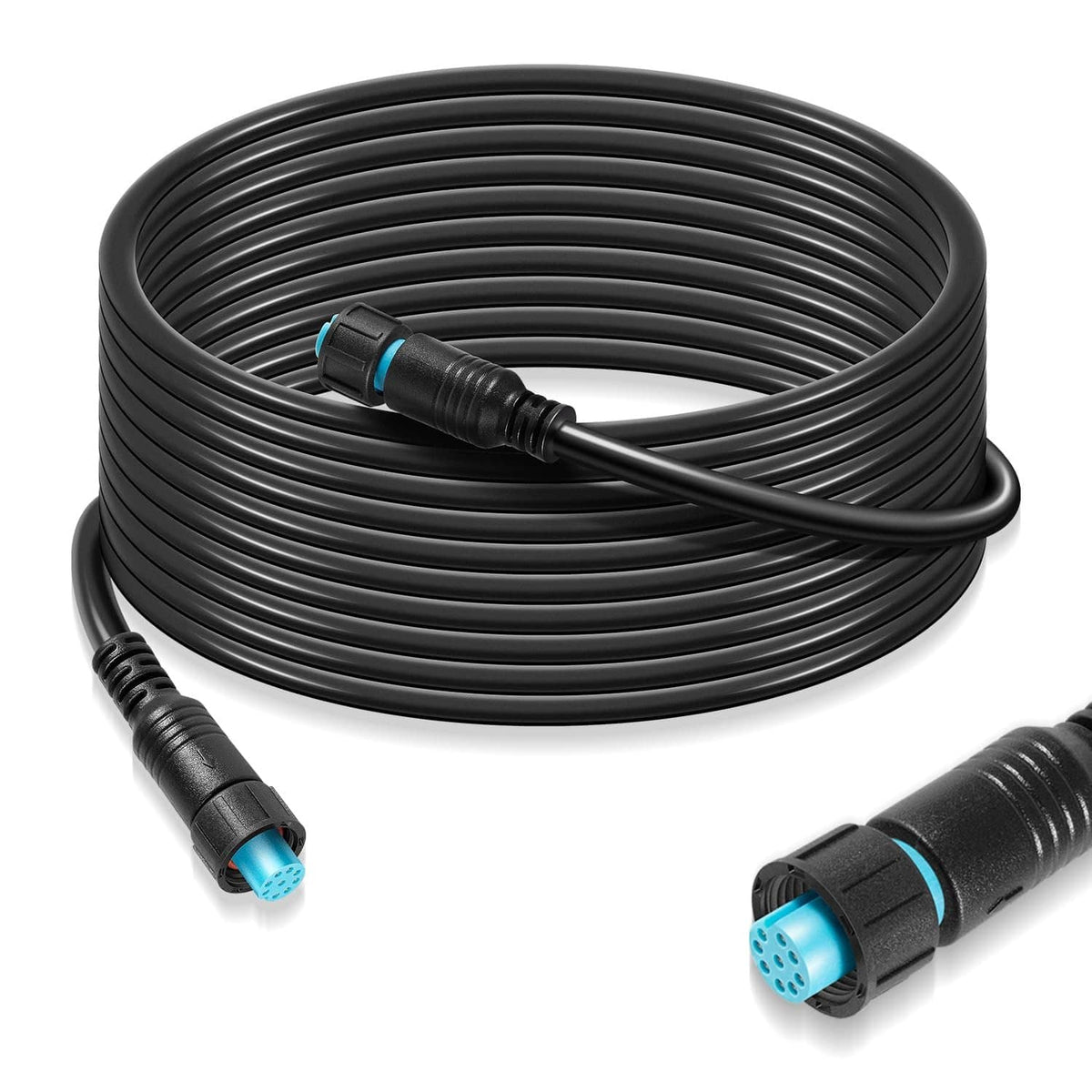 Marine network cable, coiled black, with two small 8-pin connectors and blue tips