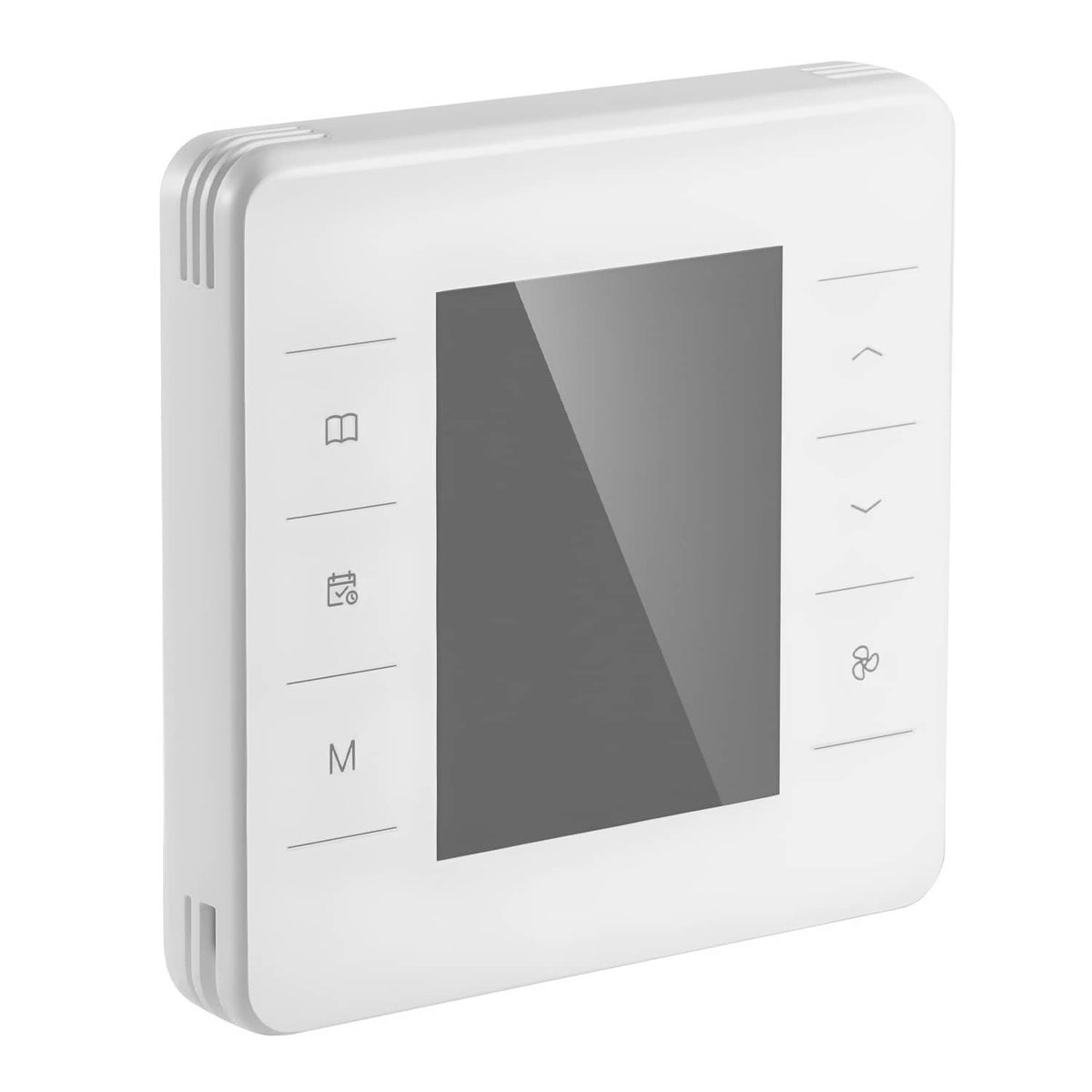 White programmable thermostat with dark touchscreen and minimal icon controls