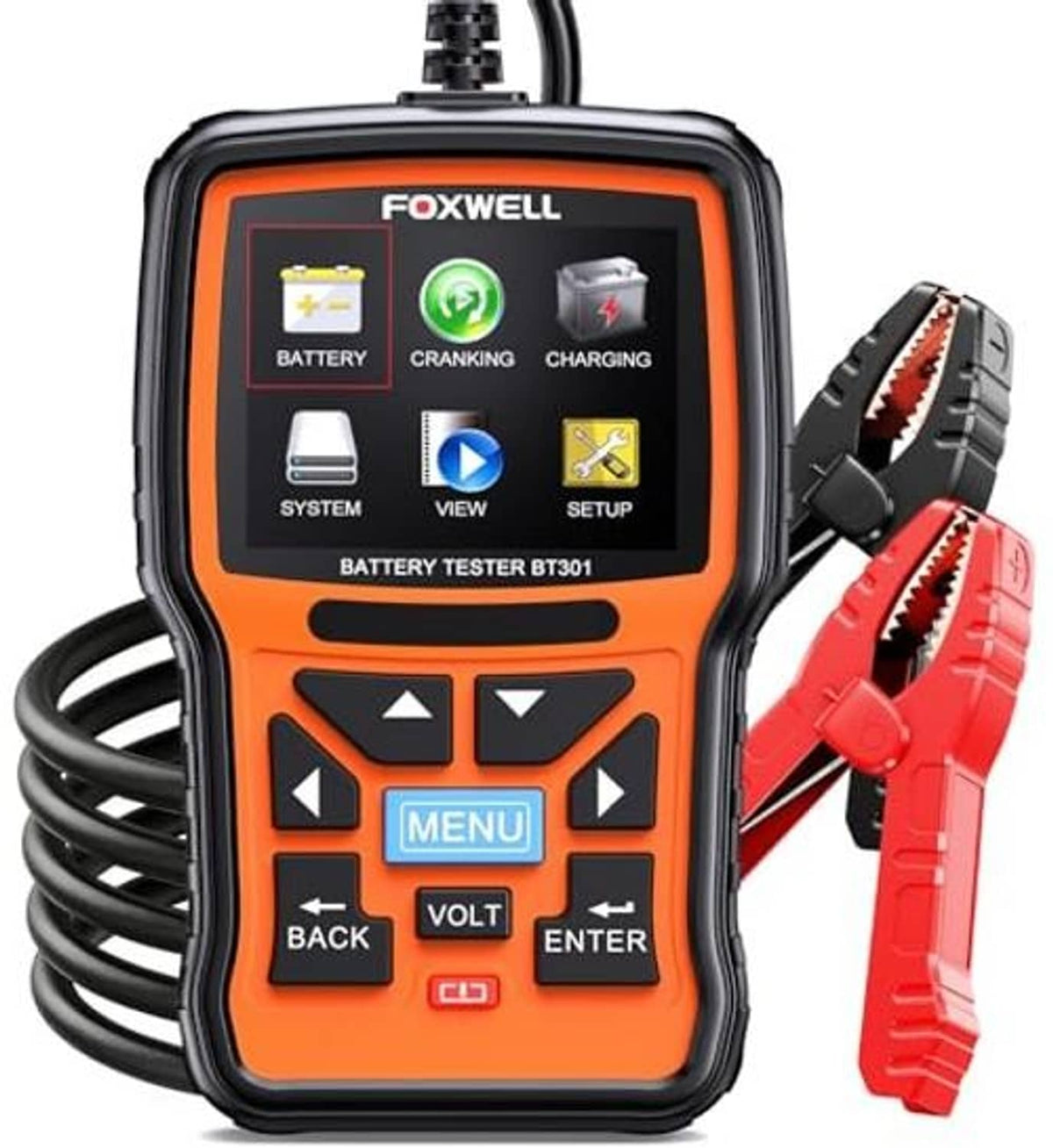 Orange 12V battery tester with LCD screen and keypad, with red and black battery clamps