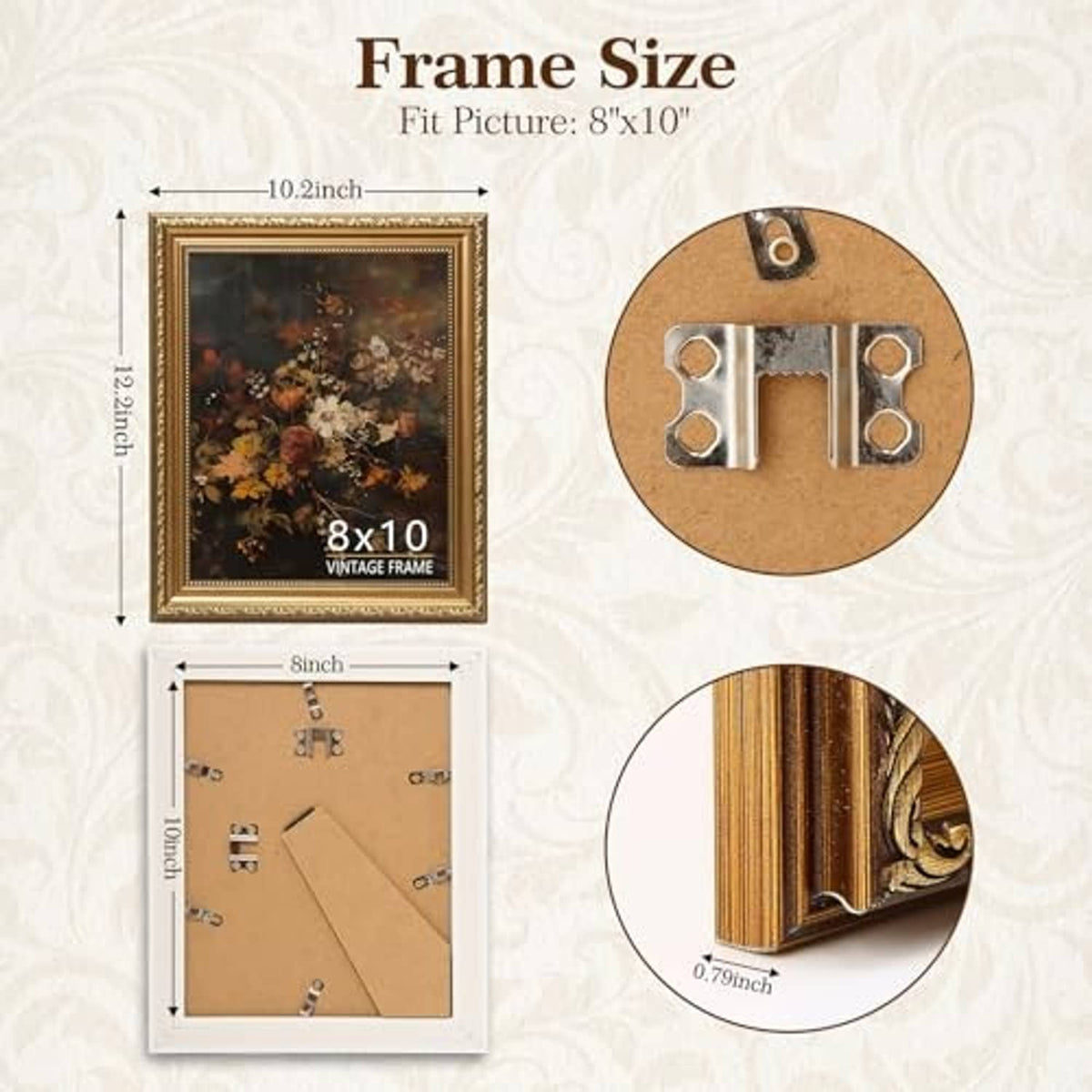 Bronze gold 8x10 vintage picture frame with hanging hardware and size measurement graphic