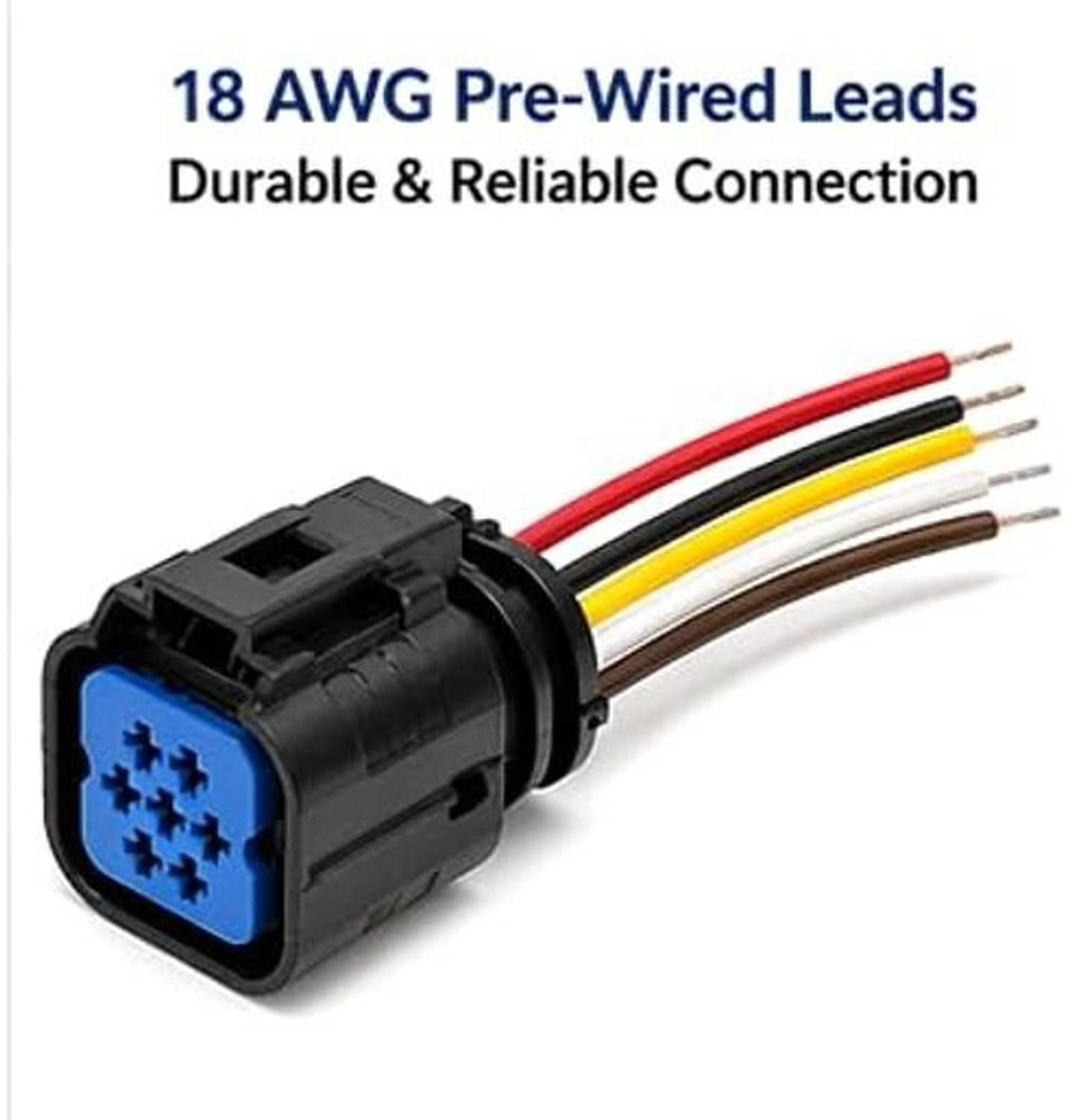 7-pin headlight connector pigtail with 18 AWG pre-wired leads in red, black, yellow