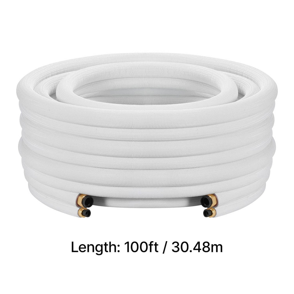 Coiled white insulated mini split line set tubing with copper line ends